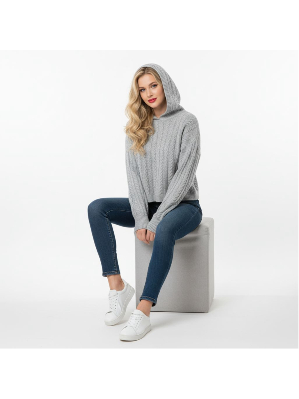 Express Medium Grey Cable Knit Cropped Hoodie Sweater